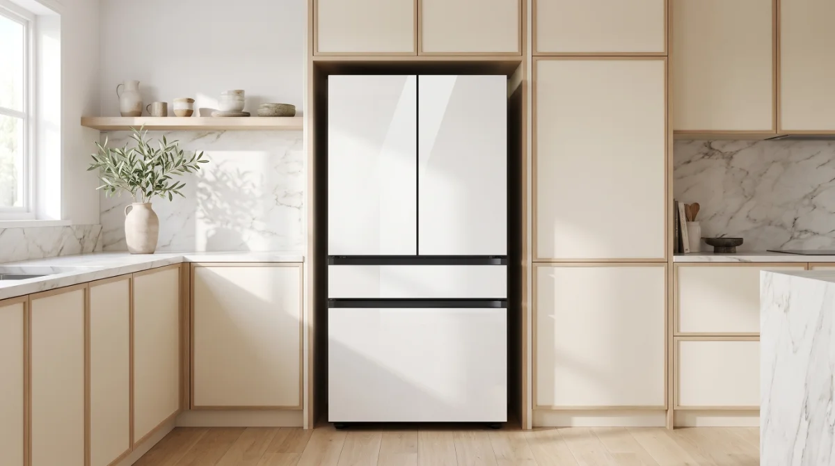 Samsung Bespoke counter-depth 4-door French door refrigerator in white glass, built-in look