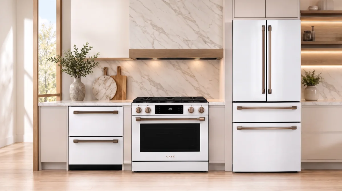 Café 3-piece kitchen bundle: double drawer dishwasher, slide-in gas range, and French door refrigerator in matte white with brushed bronze hardware