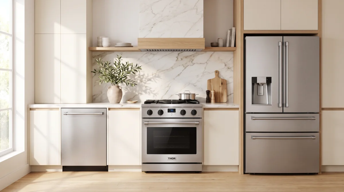 Thor Kitchen 3-piece stainless steel bundle: built-in dishwasher, professional gas range, and counter-depth French door refrigerator