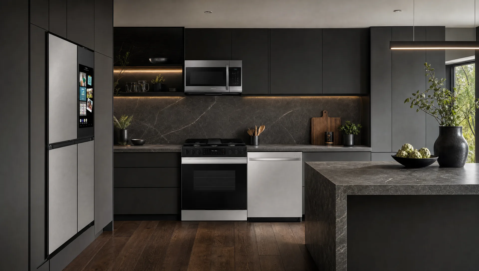Dark modern kitchen fitted with the Samsung smart stainless suite