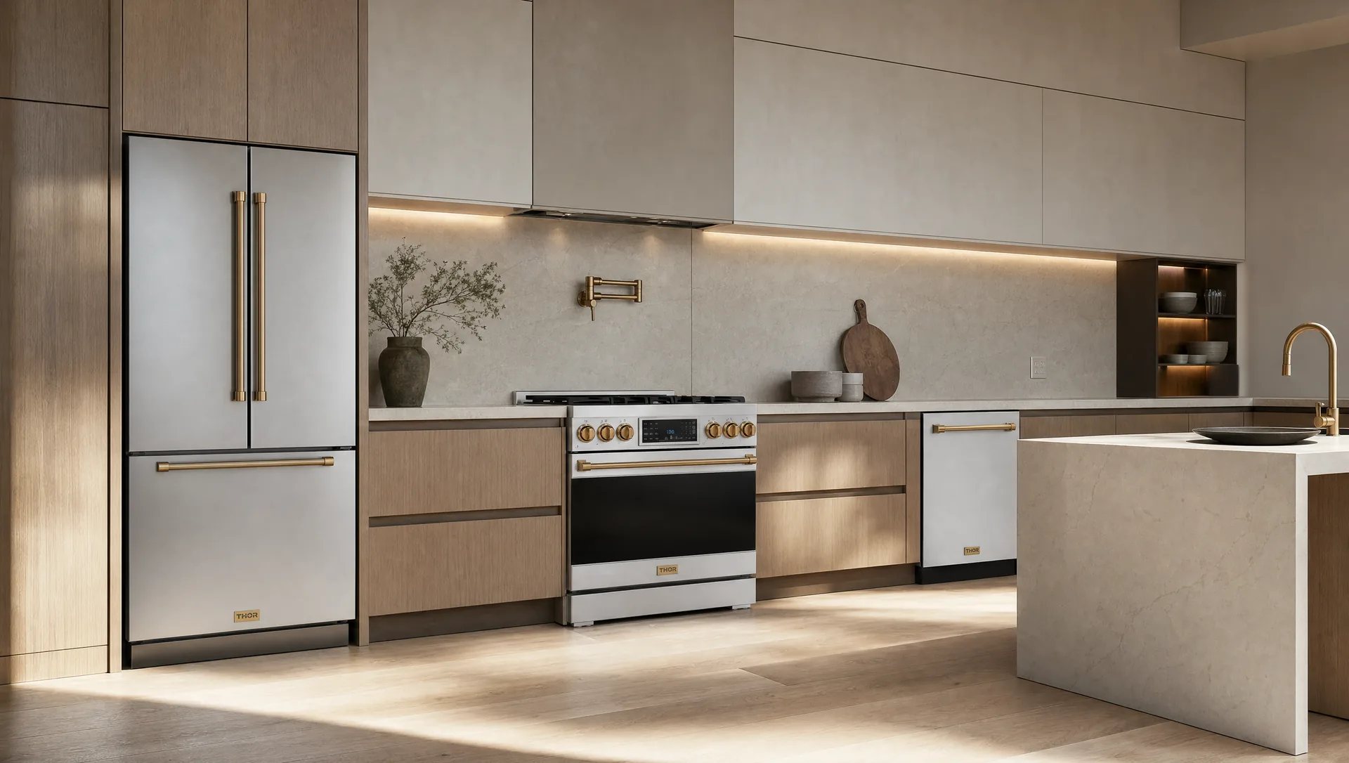 Modern kitchen fitted with the Gordon Ramsay by Thor stainless suite with bronze trim