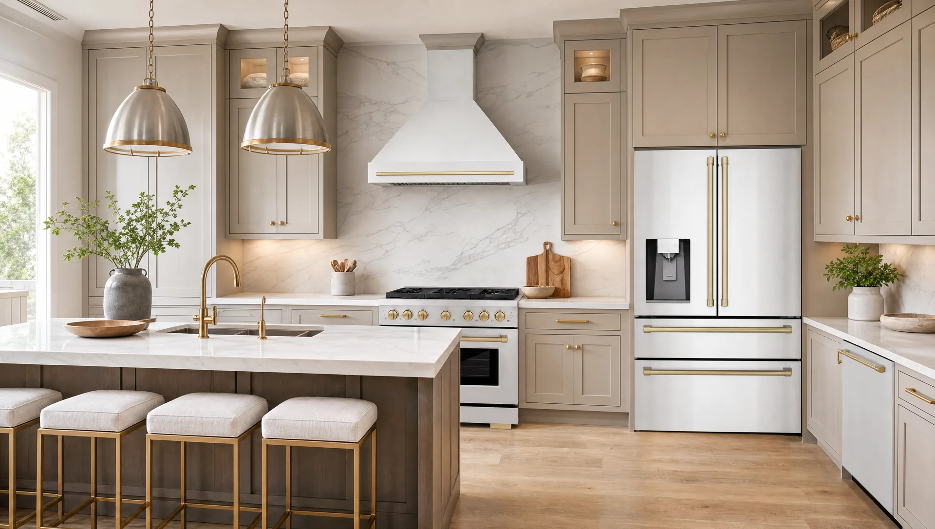 Bright kitchen fitted with the ZLINE Autograph Edition suite in champagne bronze